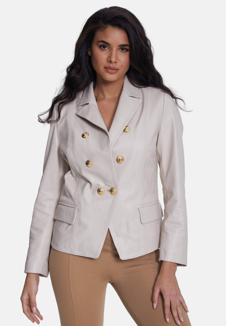 Beige double-breasted leather blazer