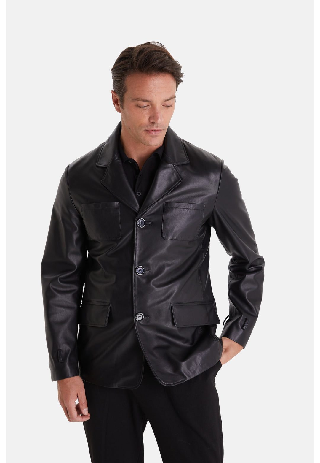 Male model wearing black leather jacket