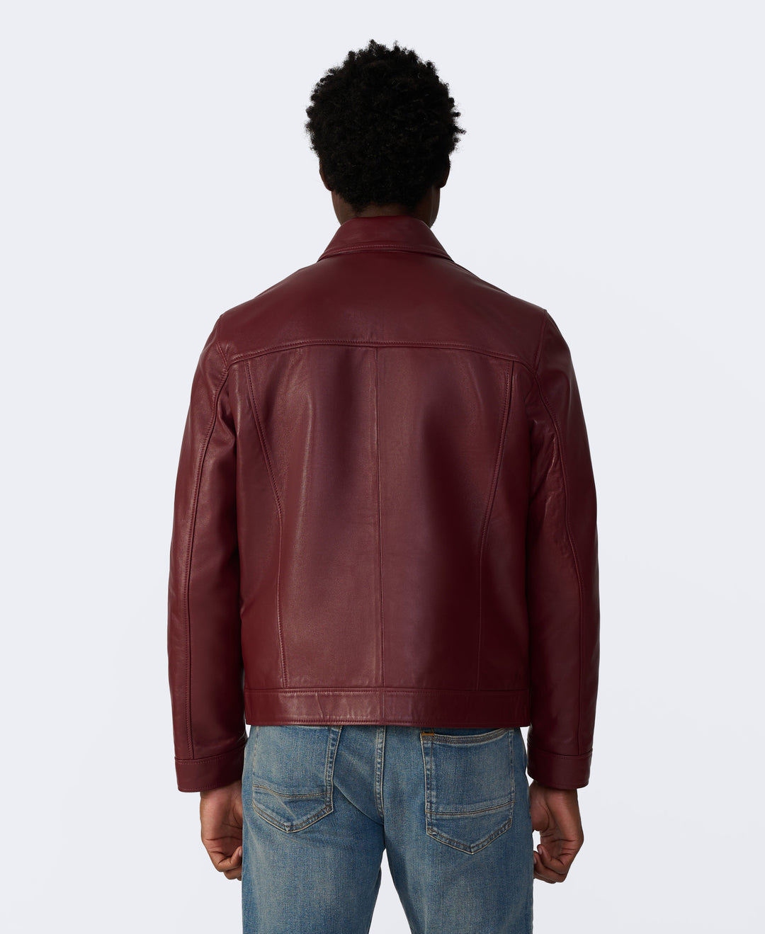 Back of burgundy leather jacket