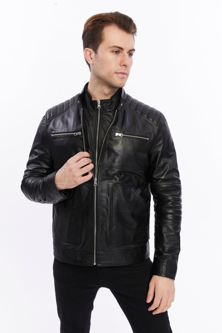 Man wearing black leather jacket