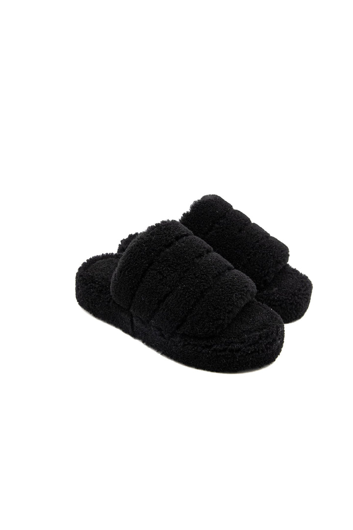 Black curly shearling slip-on slippers