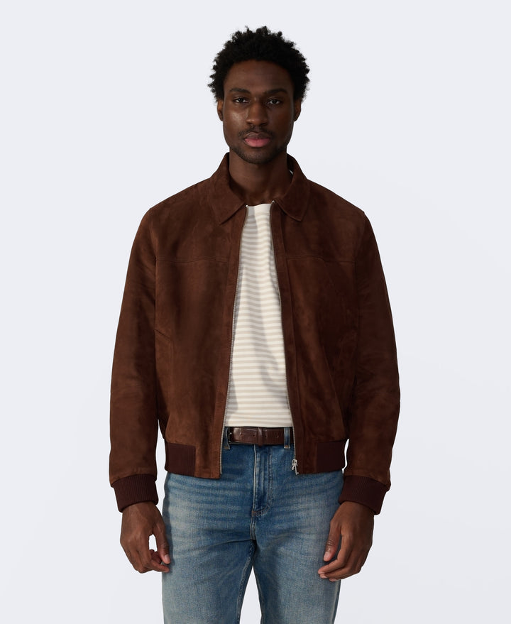 Brown suede jacket on model