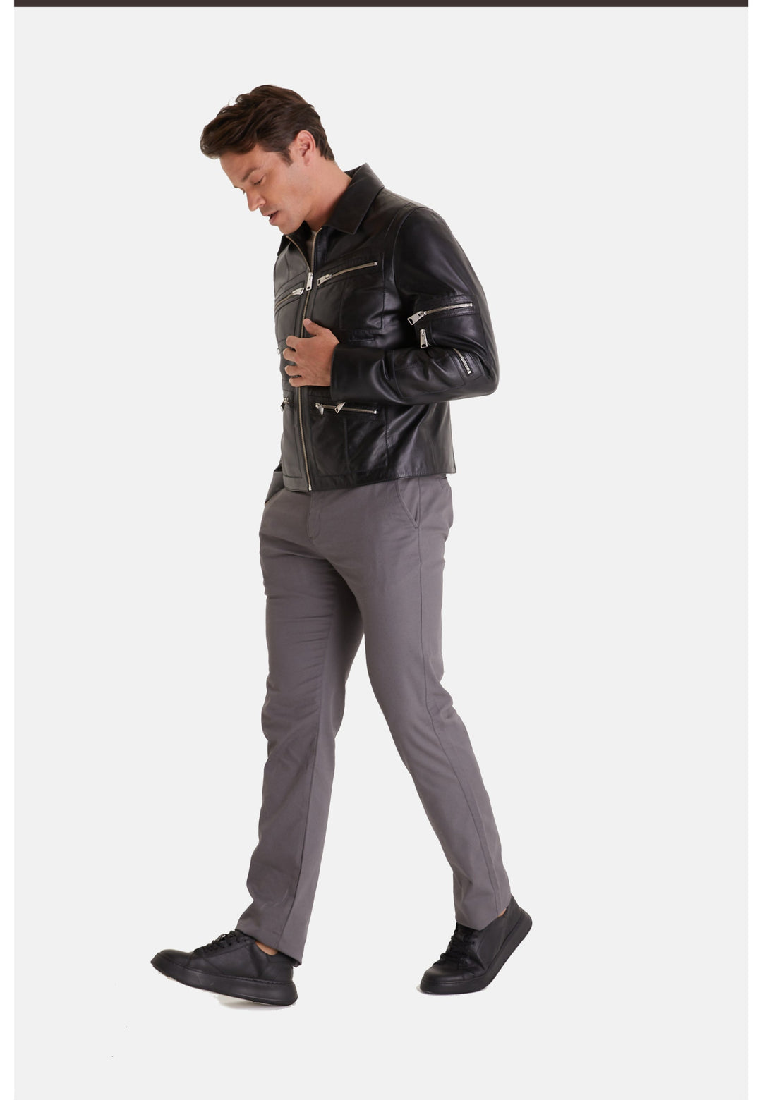Man wearing black leather jacket
