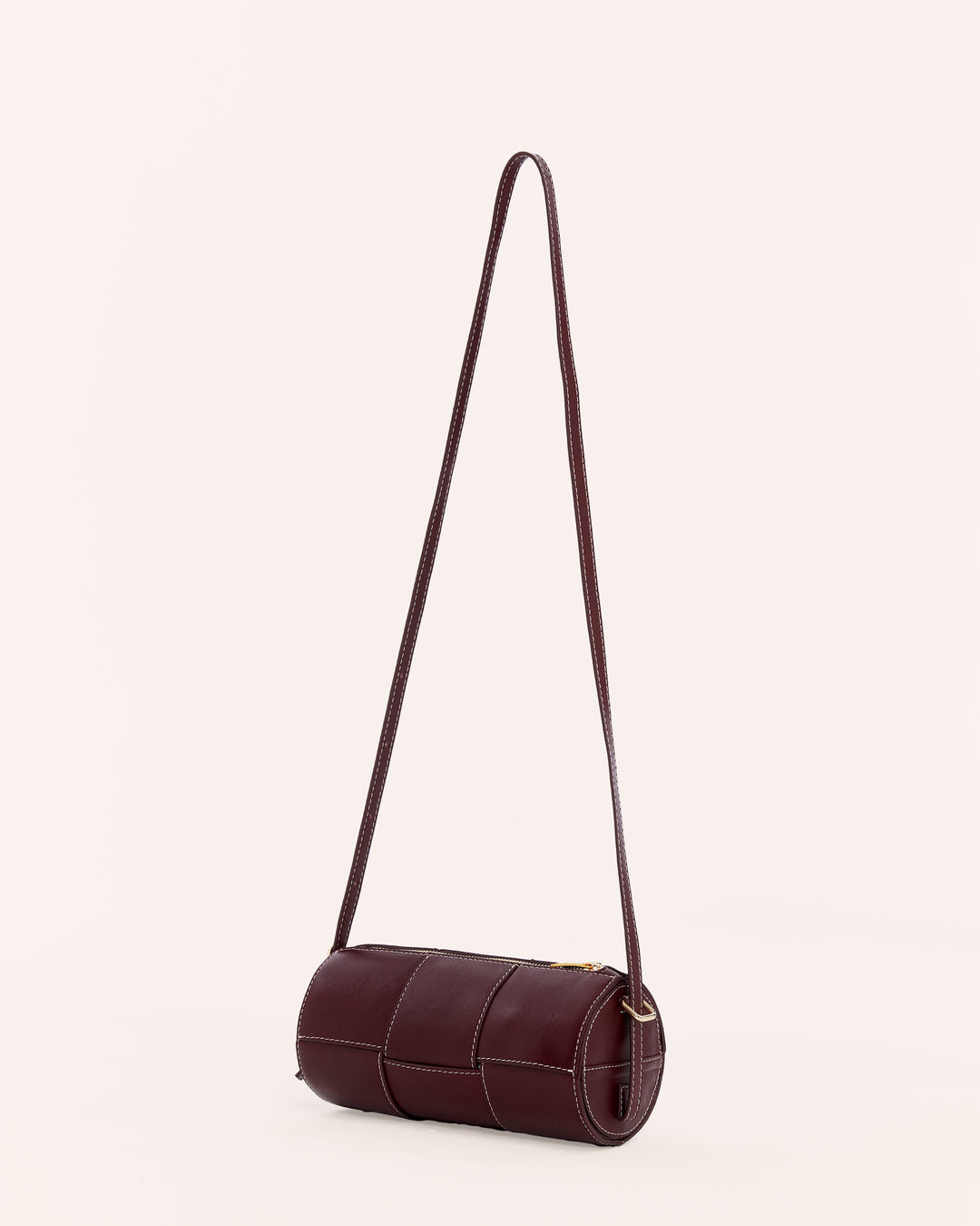 Burgundy woven leather barrel handbag