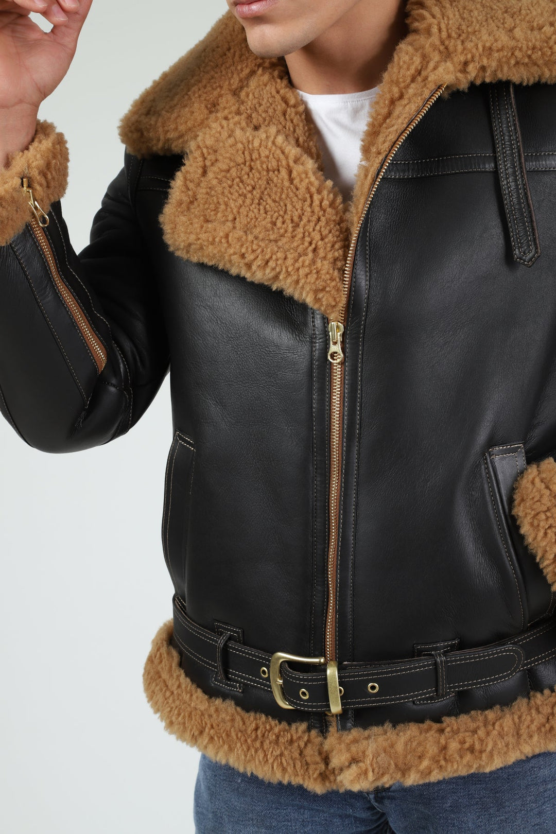 Black leather aviator jacket with tan shearling