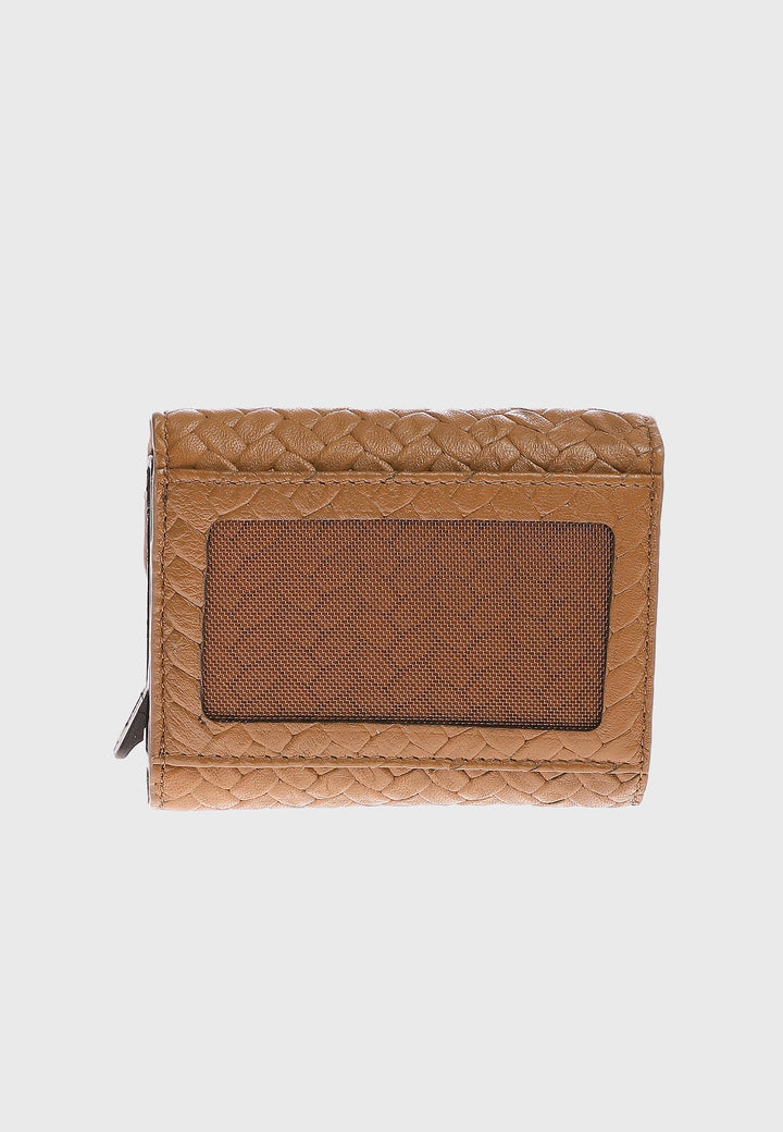 Tan woven leather wallet with ID window