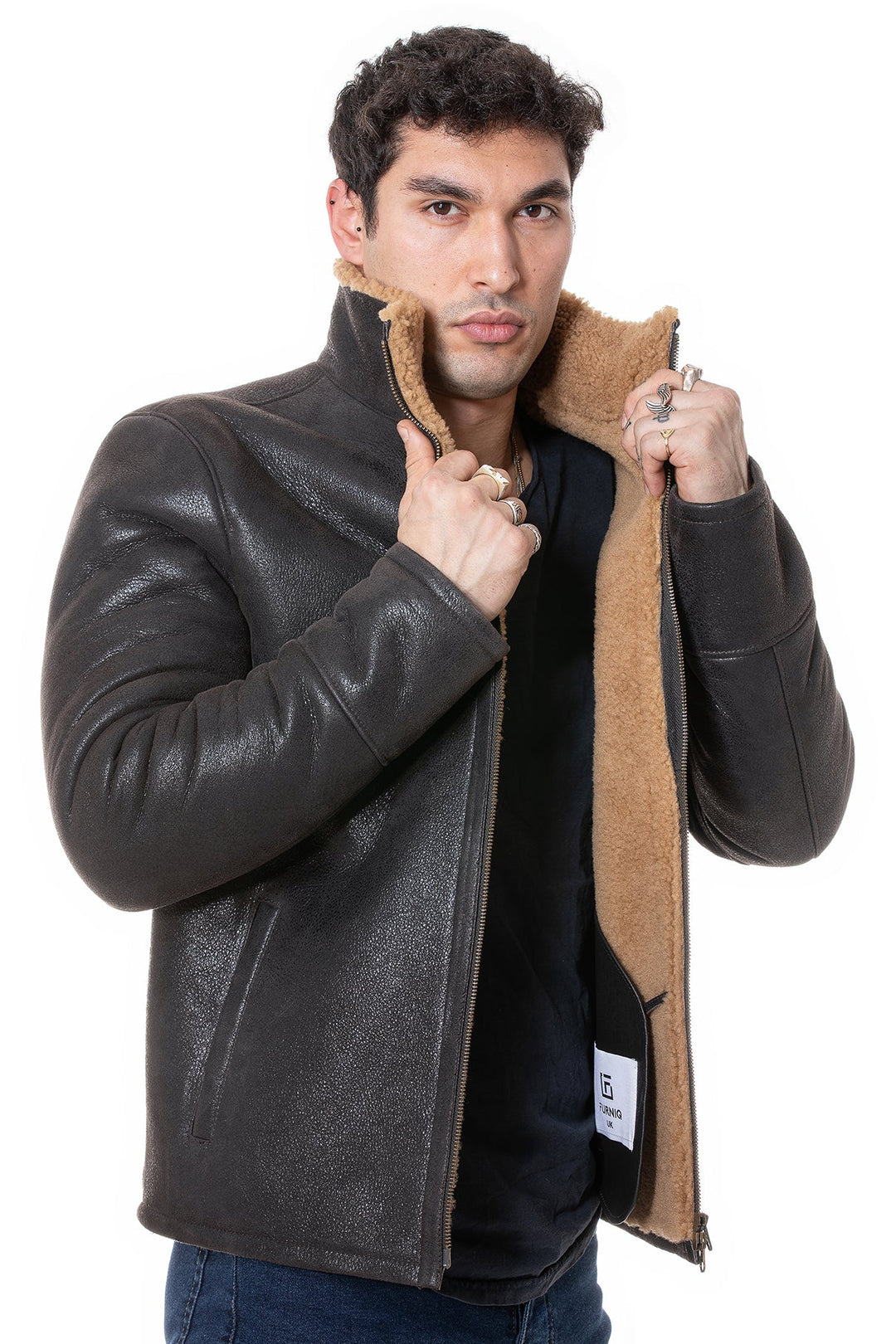 Men's dark sheepskin jacket with shearling