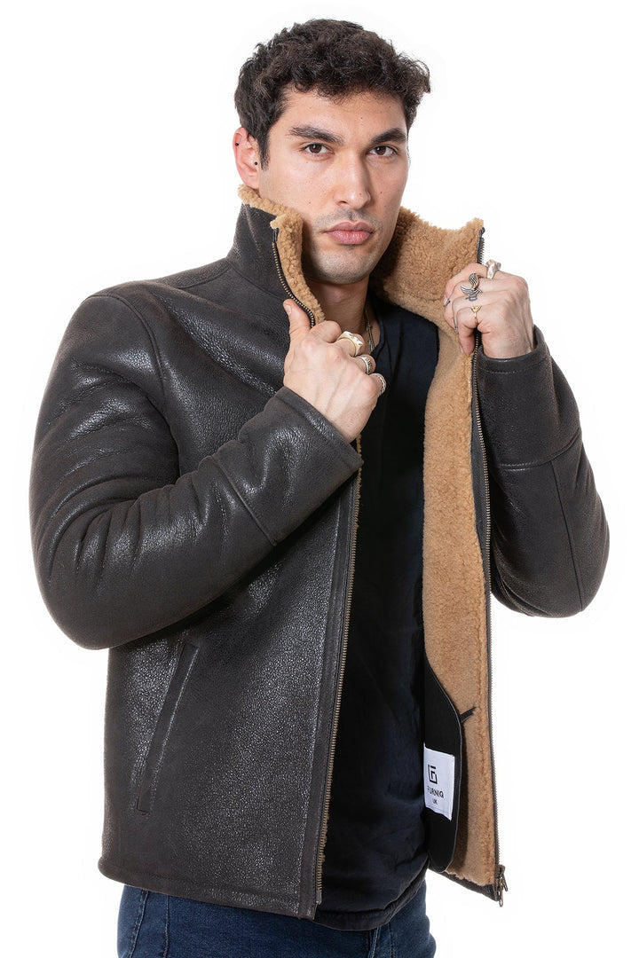 Men's dark sheepskin jacket with shearling