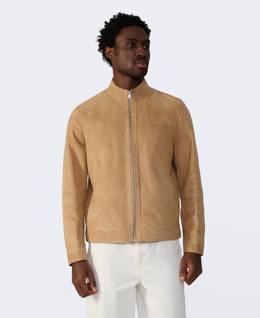 Tan suede bomber jacket on model
