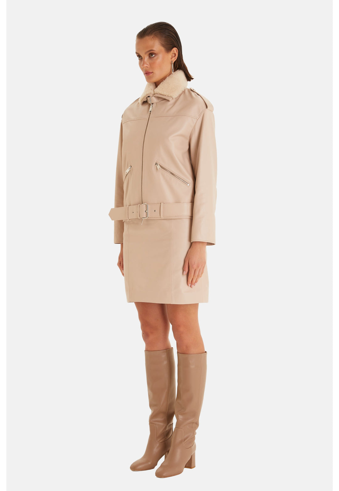 Beige mid-length leather jacket on model