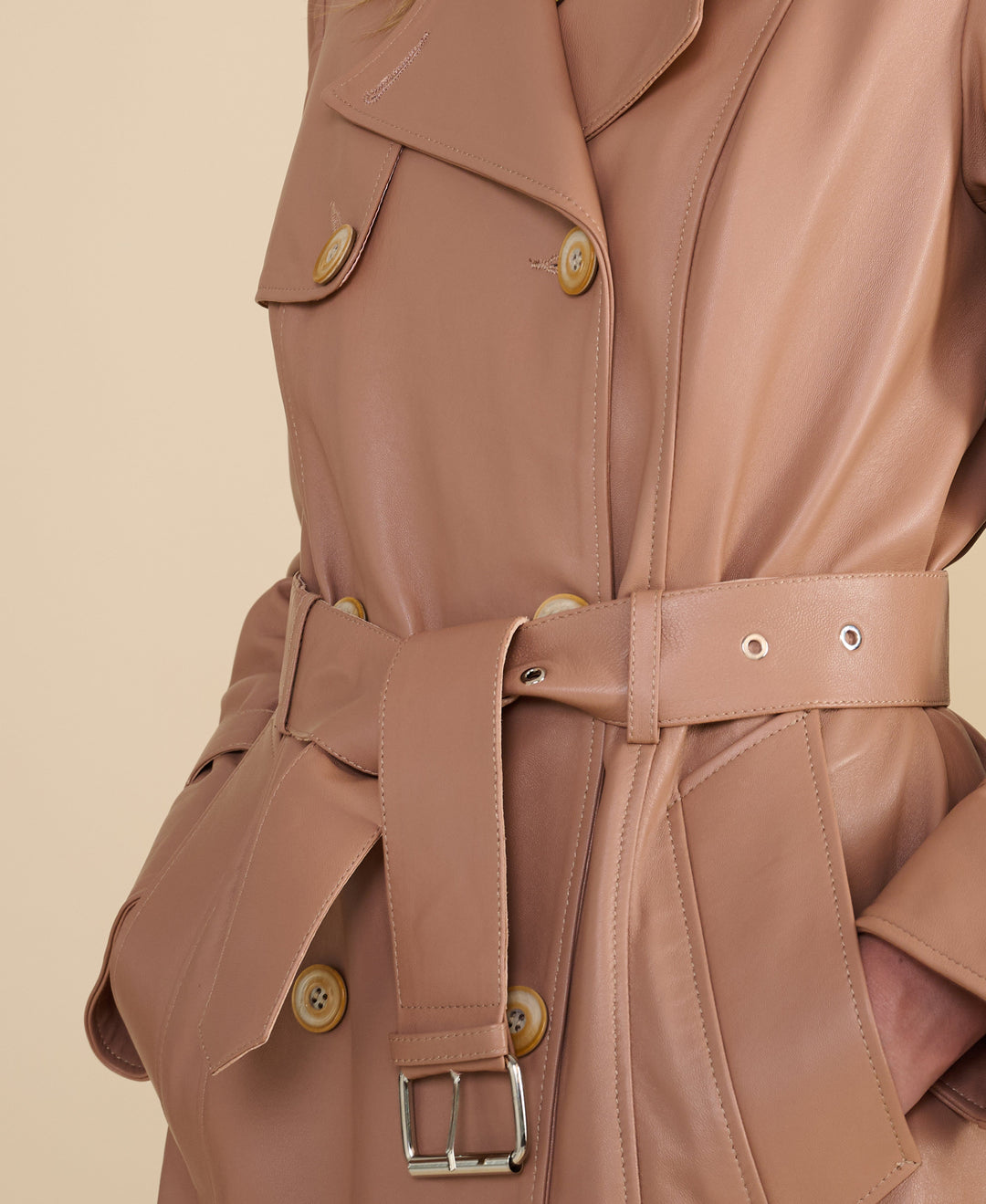 Camel leather trench coat belt detail
