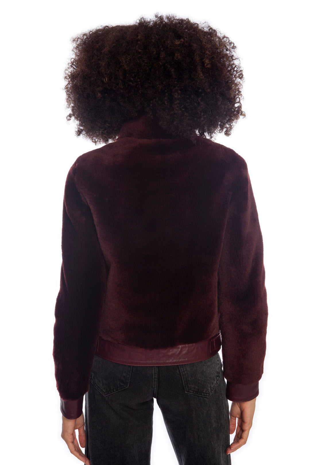 Back of burgundy shearling jacket