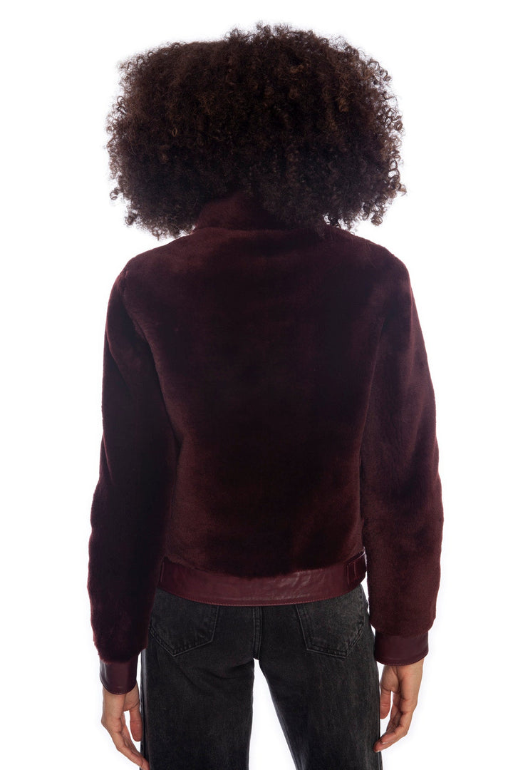 Back of burgundy shearling jacket