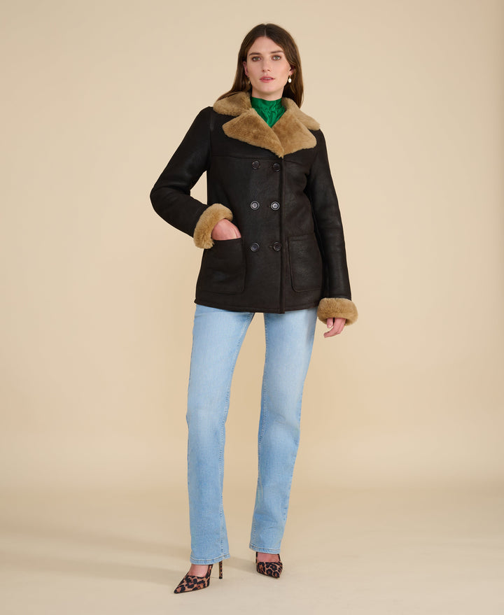 Black shearling peacoat with tan trim