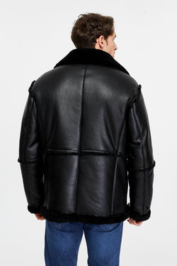 Image of Men's Shearling Bomber Jacket, Black Wool