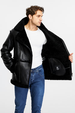 Image of Men's Shearling Bomber Jacket, Black Wool