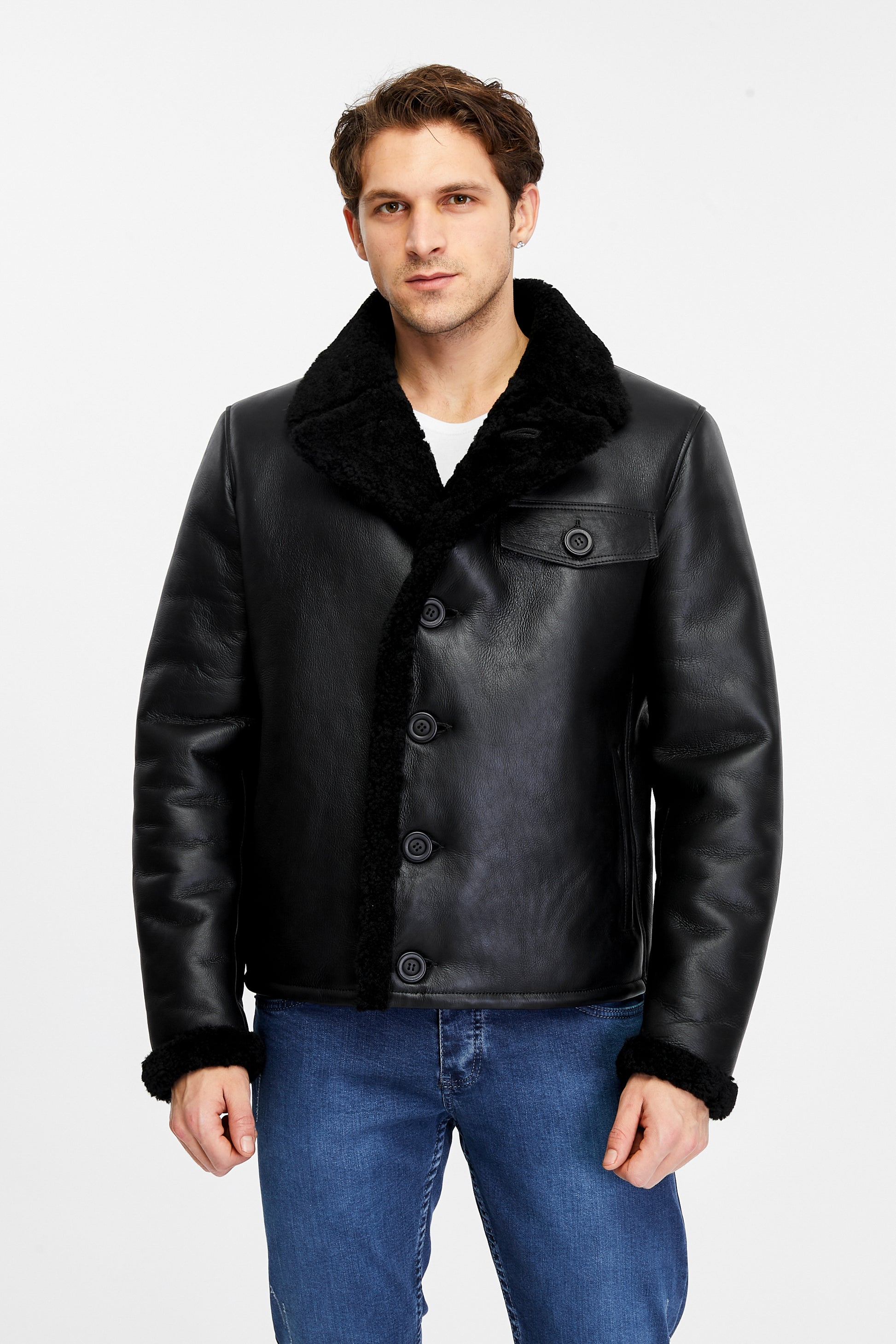 Men's Fashion Leather Jacket Wool, Black