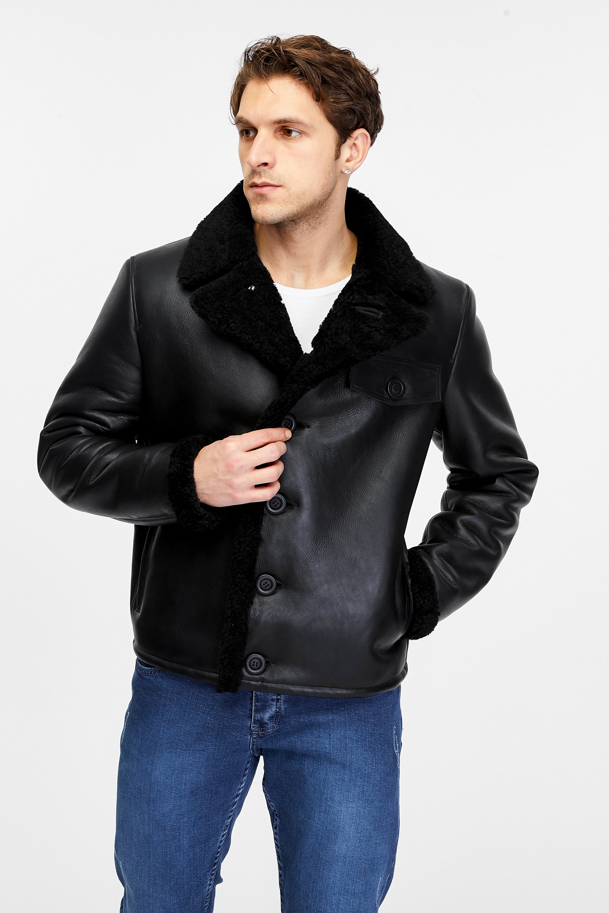 Men's Fashion Leather Jacket Wool, Black