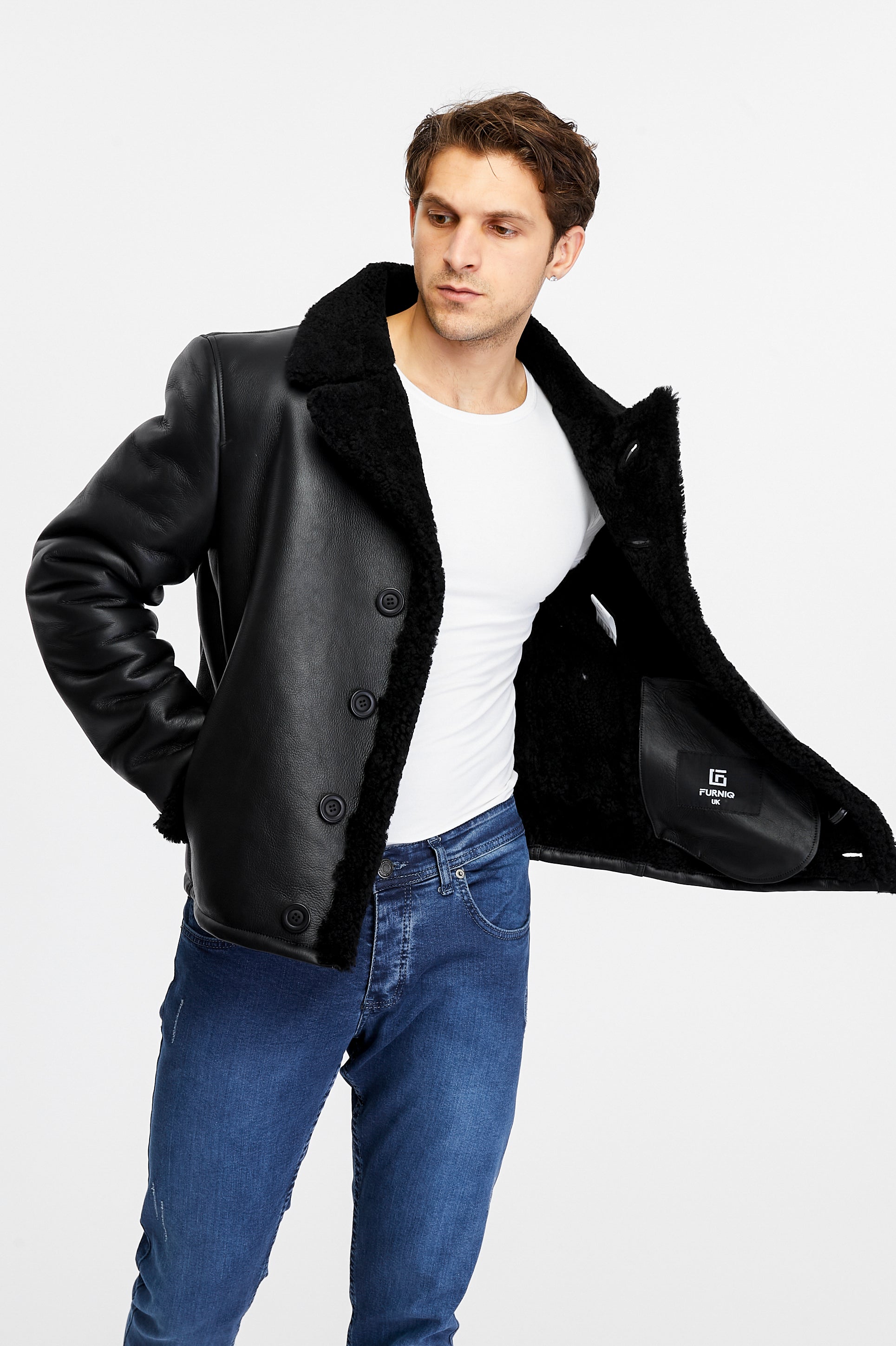 Men's Fashion Leather Jacket Wool, Black