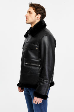 Image of Men's Shearling Bomber Jacket, Black