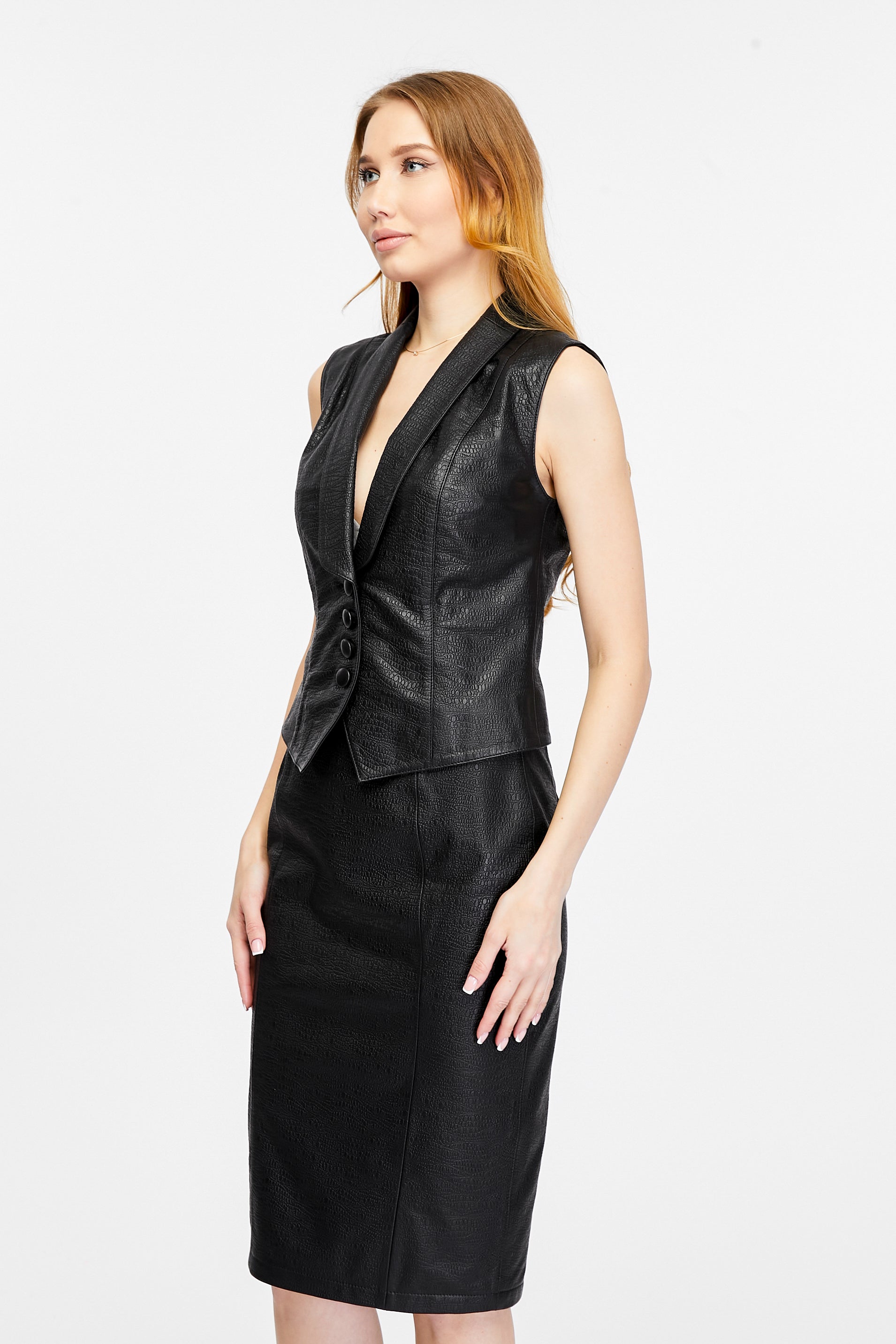 Women's Genuine Leather  Waistcoat, Crocodile Black