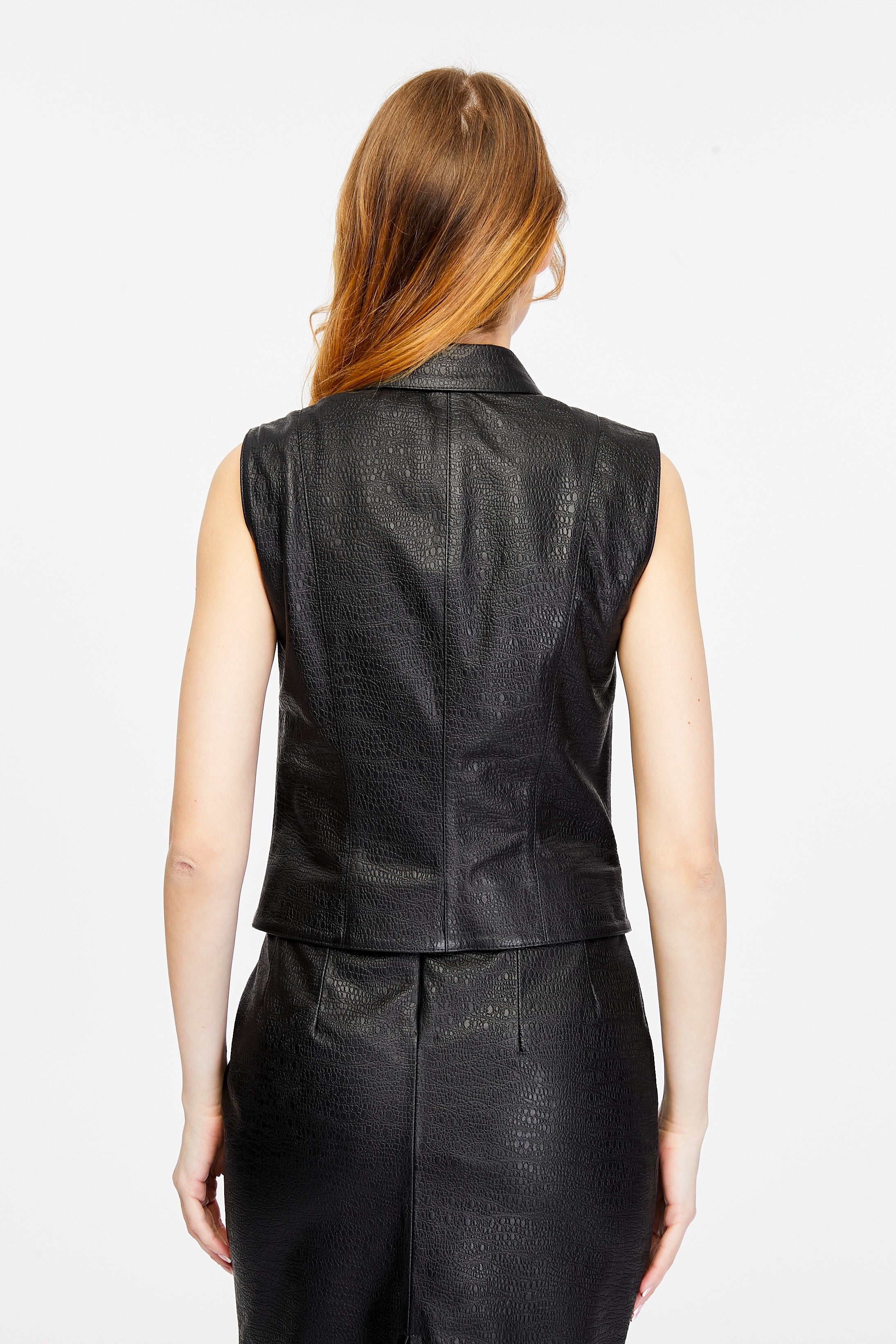 Women's Genuine Leather  Waistcoat, Crocodile Black