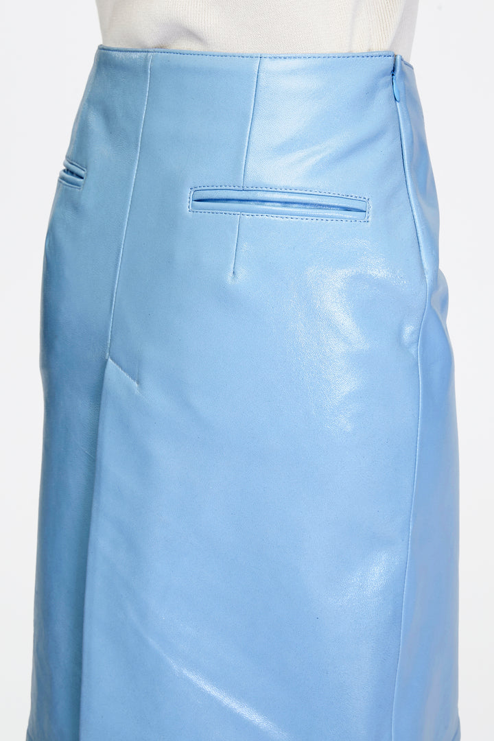 Elegant blue leather skirt high waist slim fit