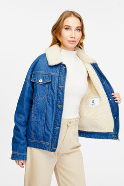 Image of Women's Jeans Jacket, Jeans Dark Blue With White Curly Wool