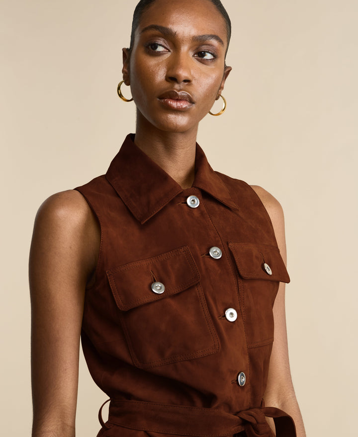 Brown suede sleeveless romper with buttons