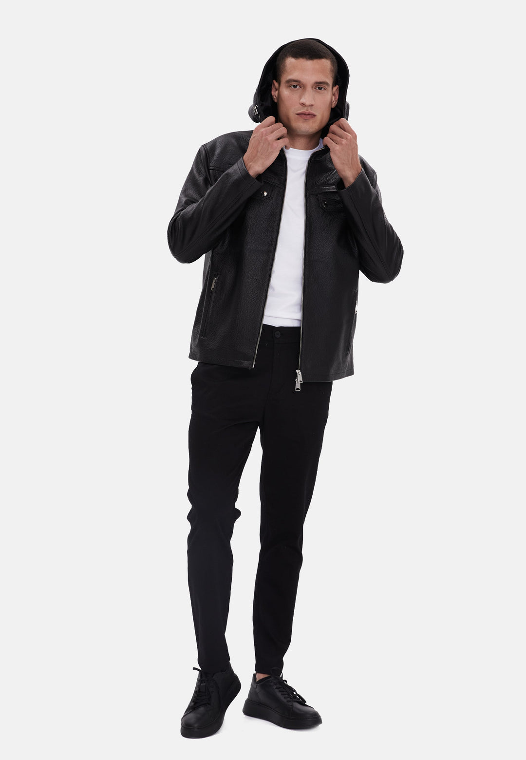 Man wearing black leather jacket