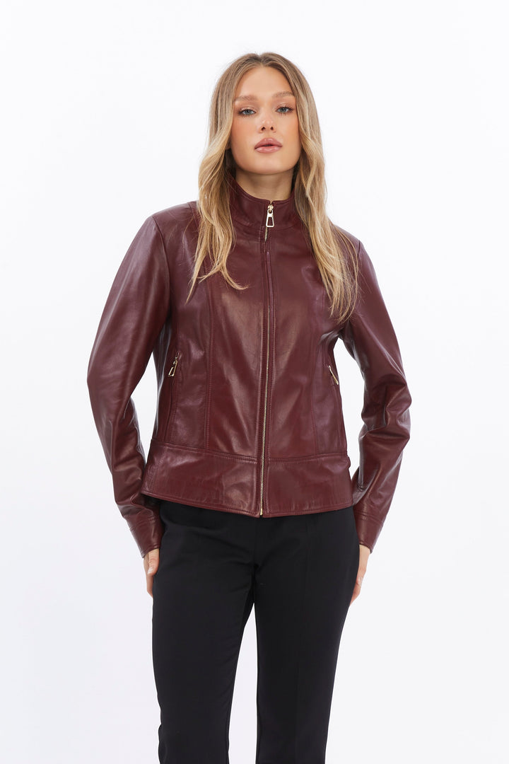 Burgundy leather jacket on model