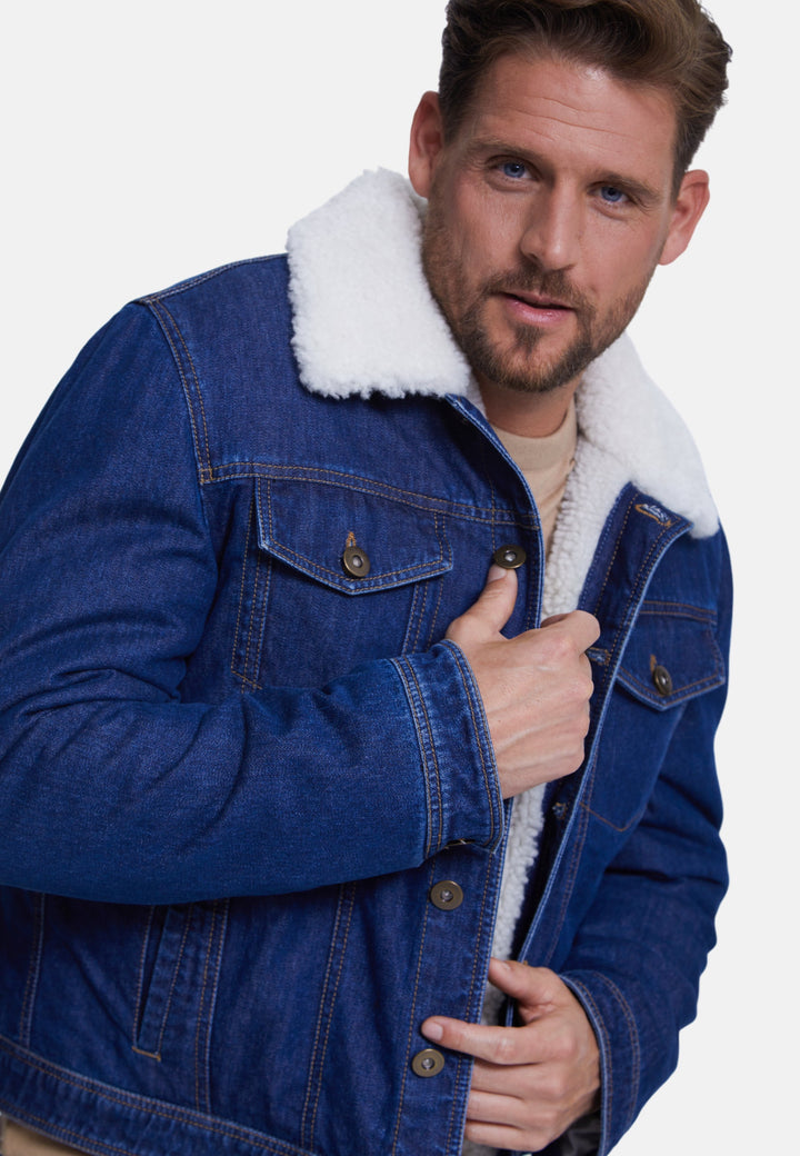 Men's blue denim jacket with sherpa collar
