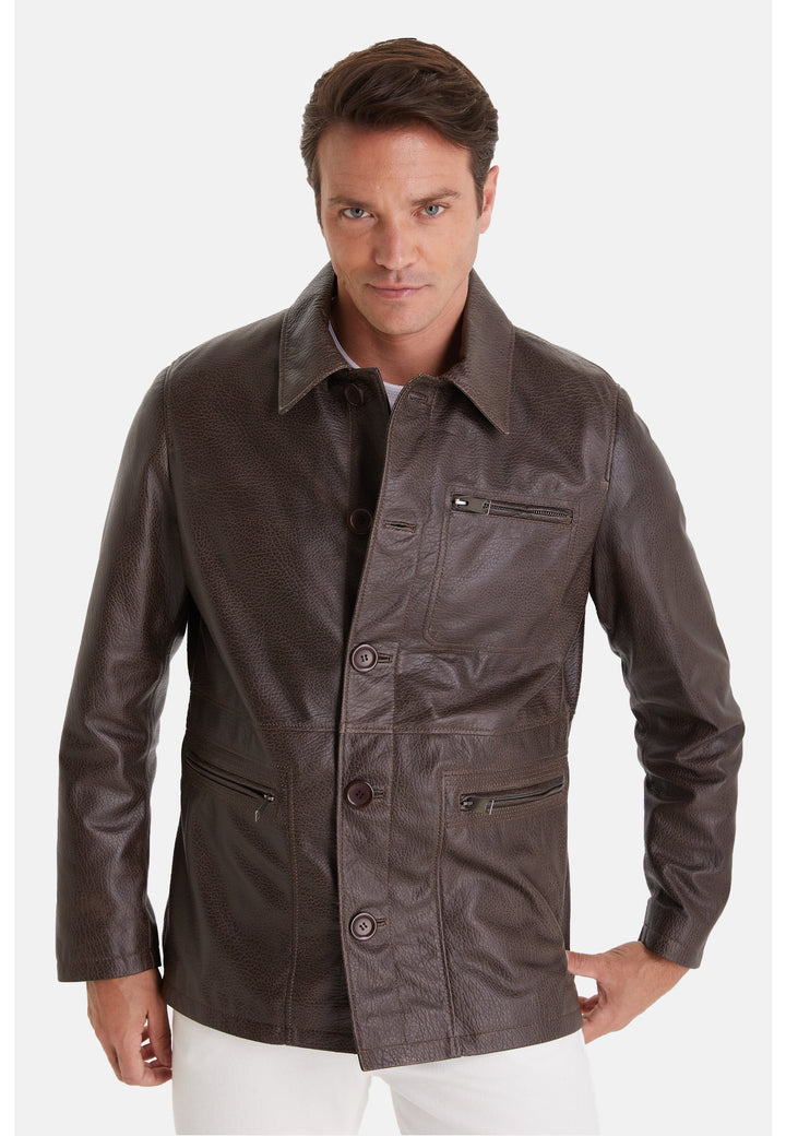 Man wearing brown leather jacket