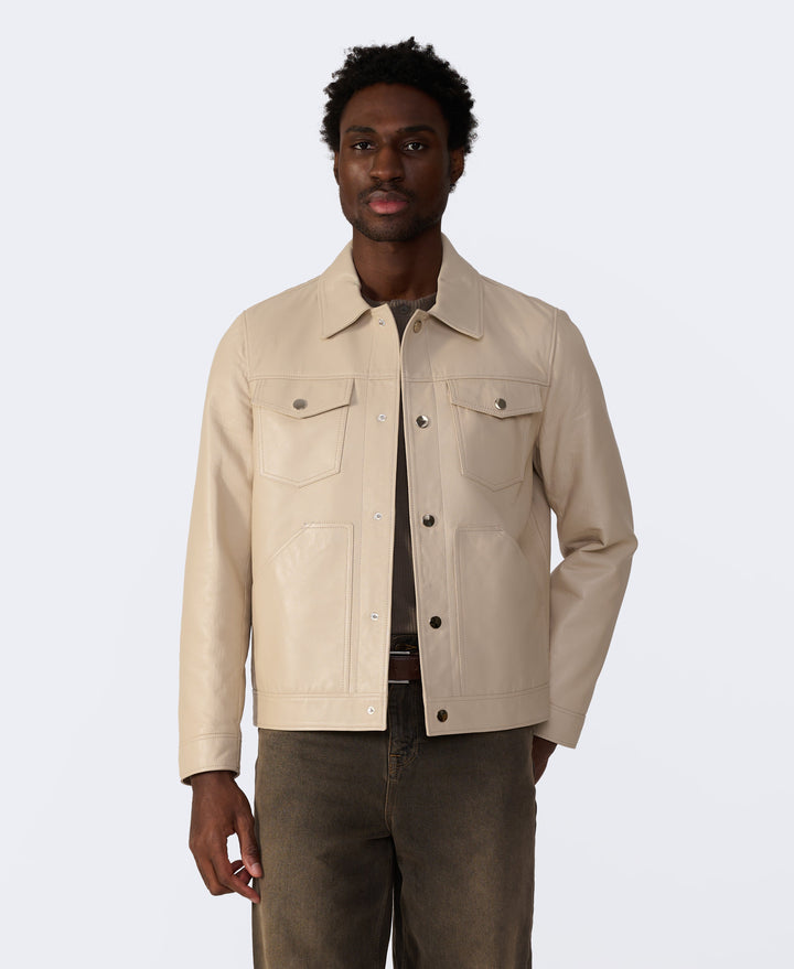 Beige leather jacket on model