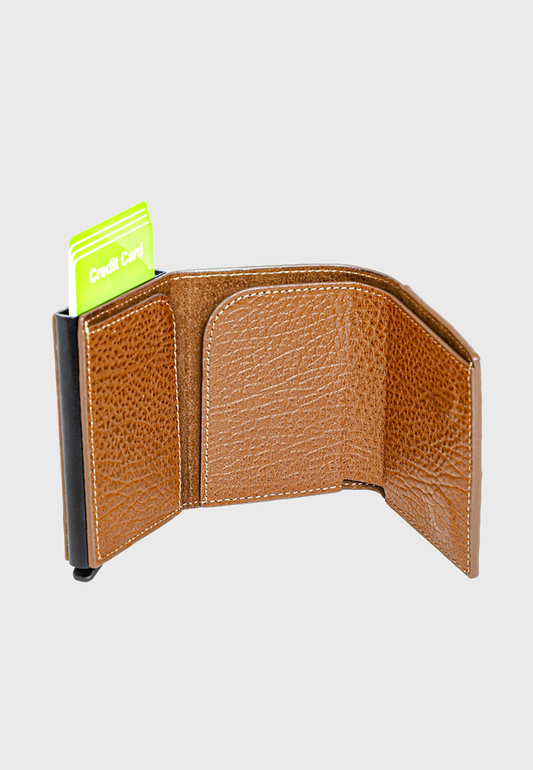 Tan pebbled leather trifold card holder