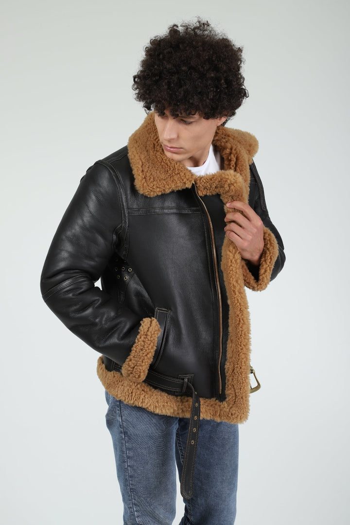 Black leather aviator jacket with tan shearling