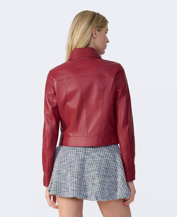 Red leather jacket back view