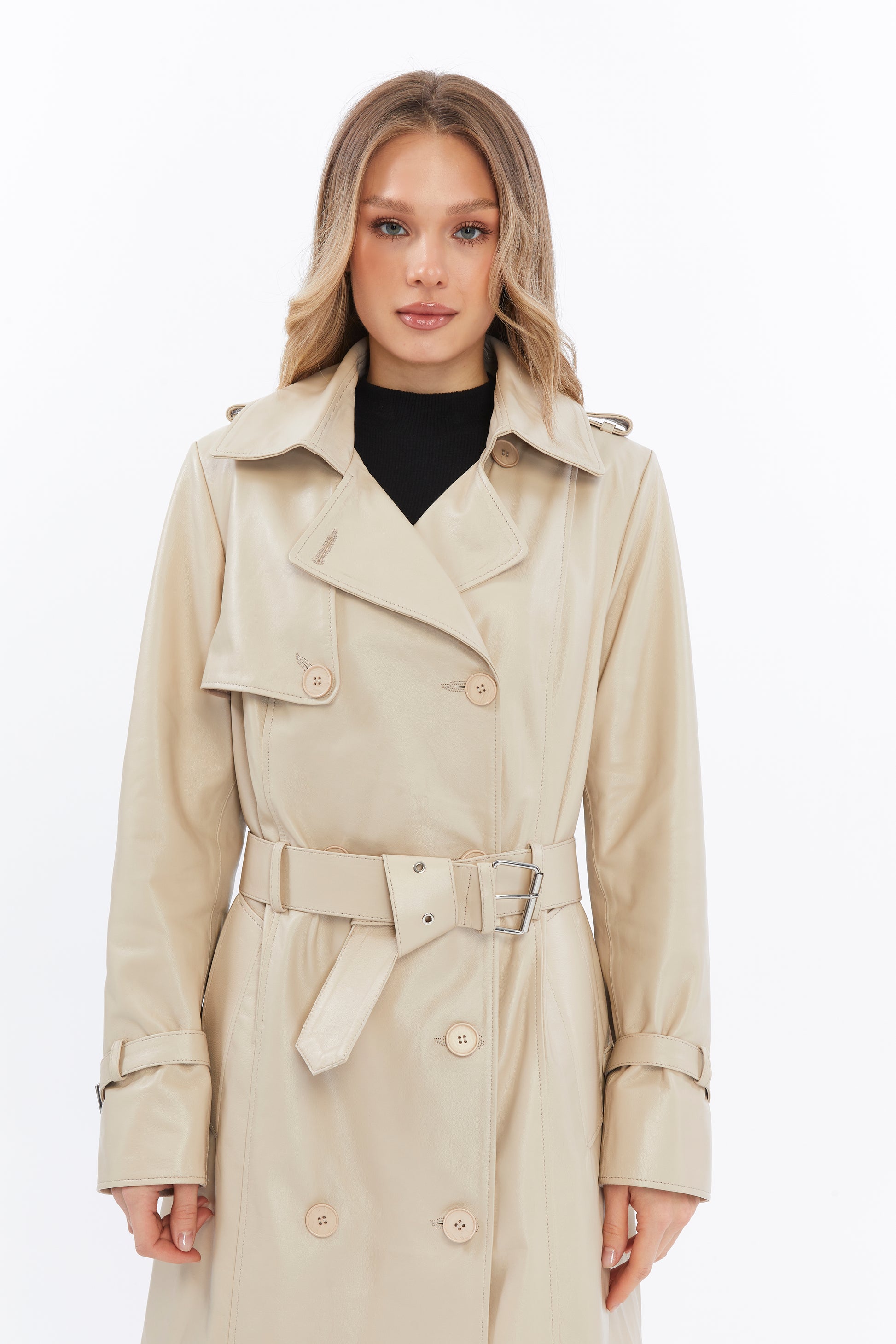 Women's Genuine Leather Trench Coat, Beige