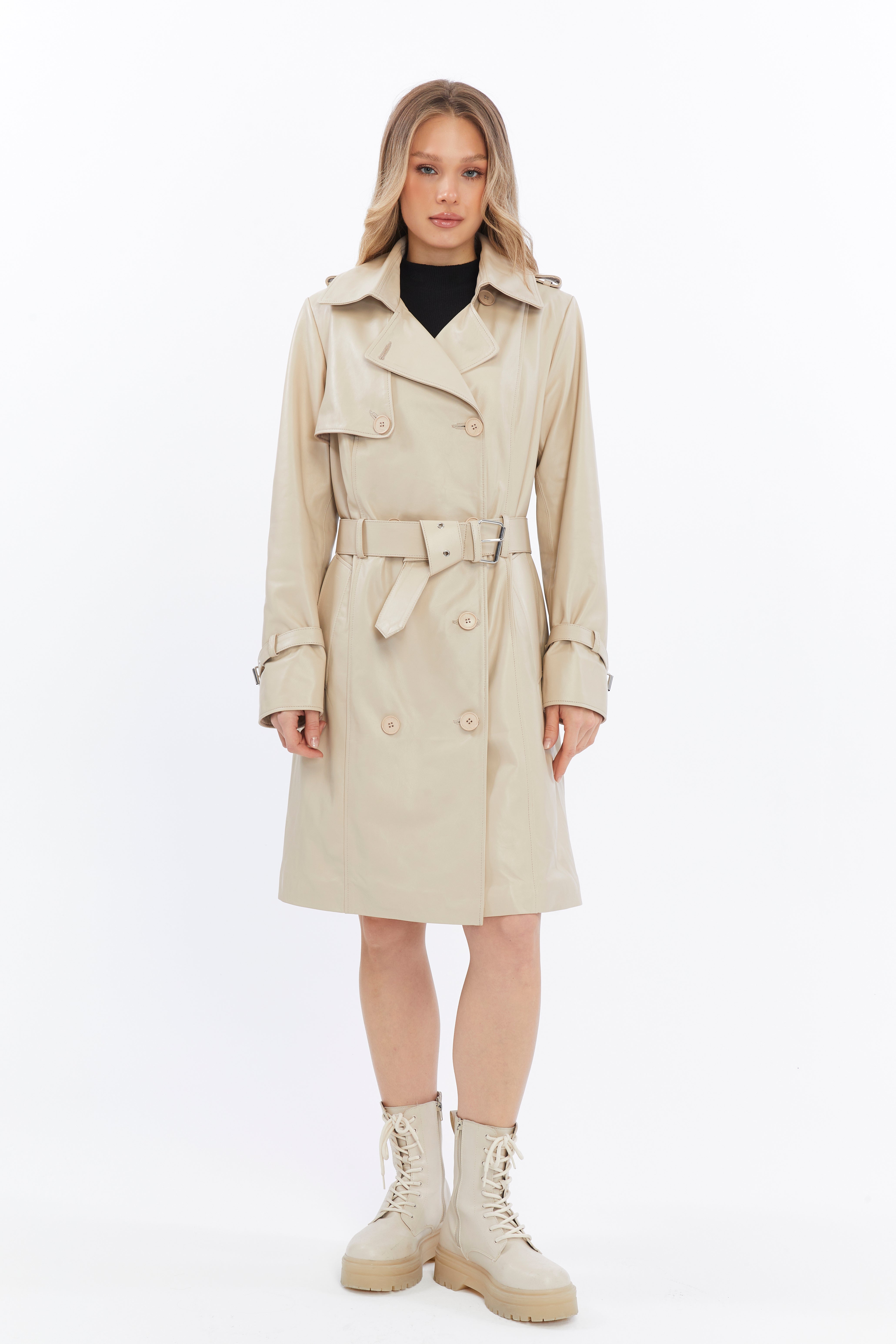 Women's Genuine Leather Trench Coat, Beige