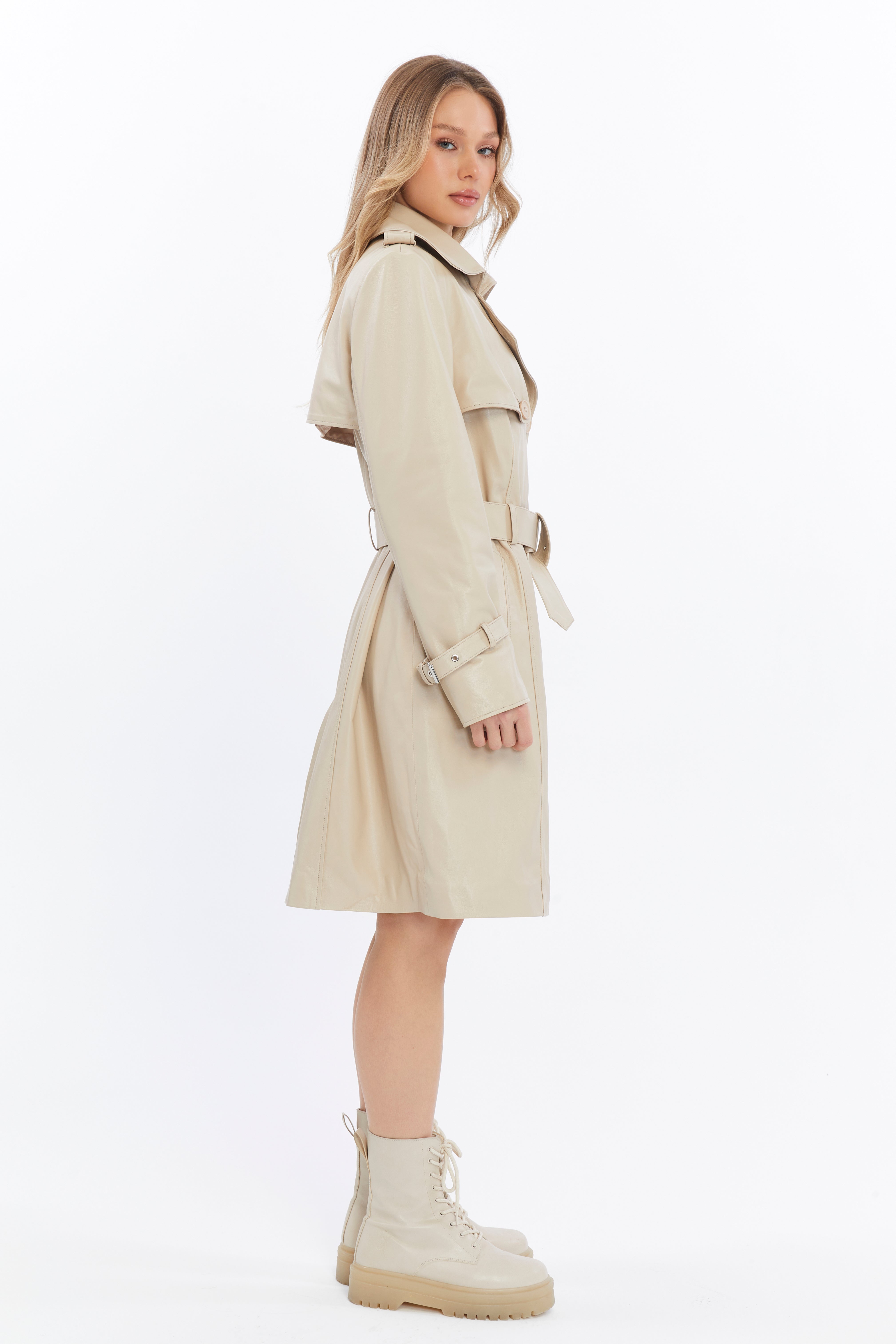 Women's Genuine Leather Trench Coat, Beige