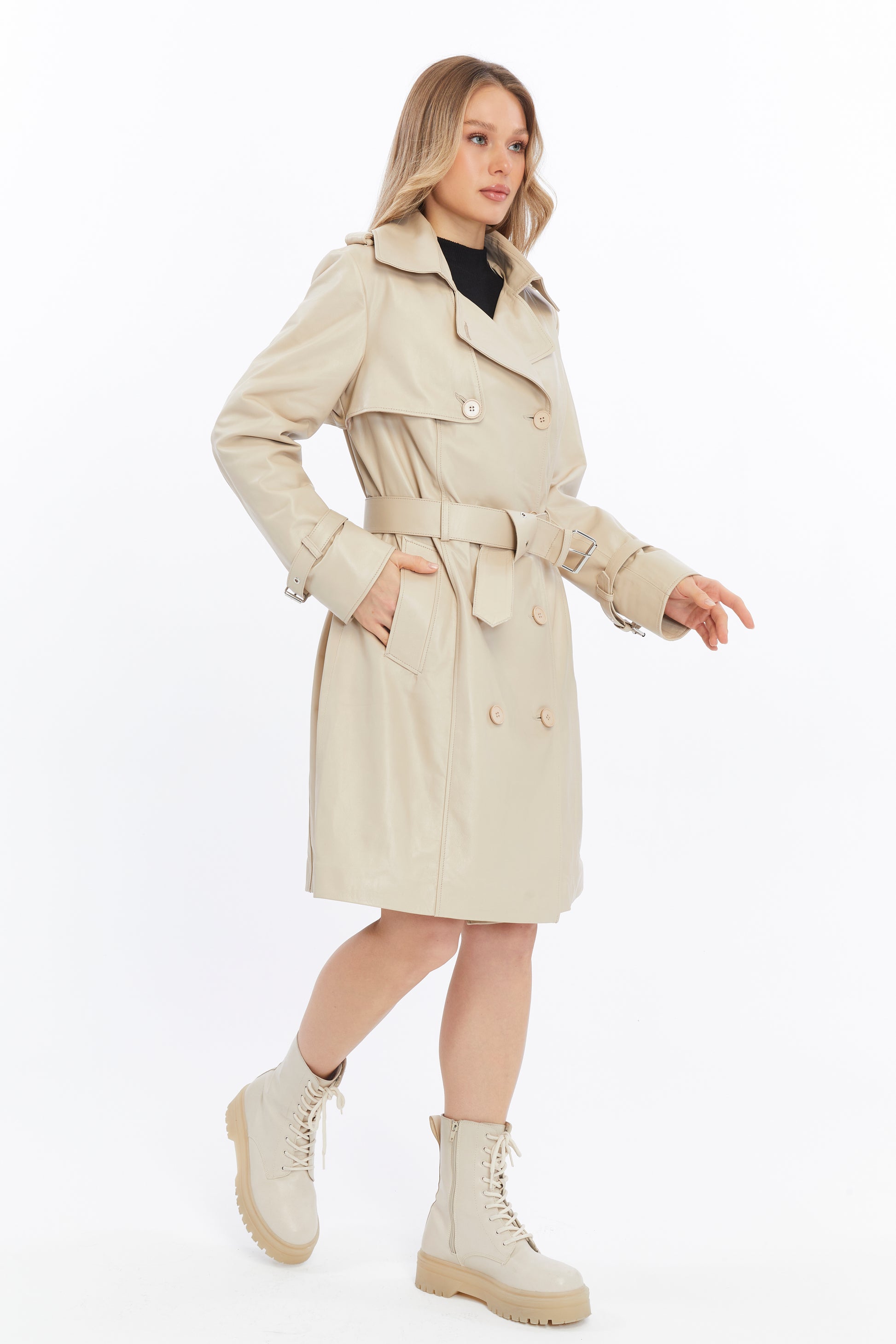 Women's Genuine Leather Trench Coat, Beige