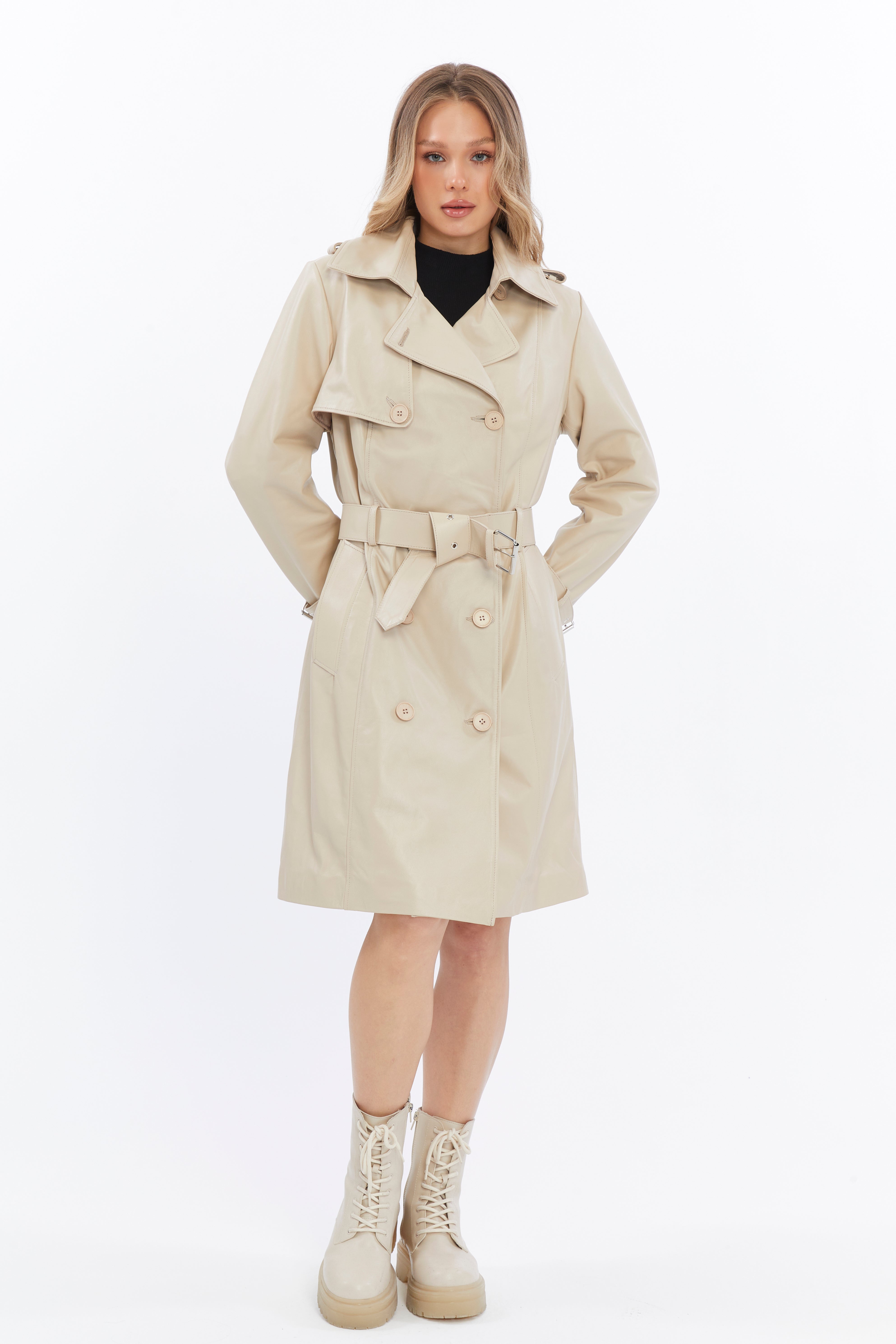 Women's Genuine Leather Trench Coat, Beige