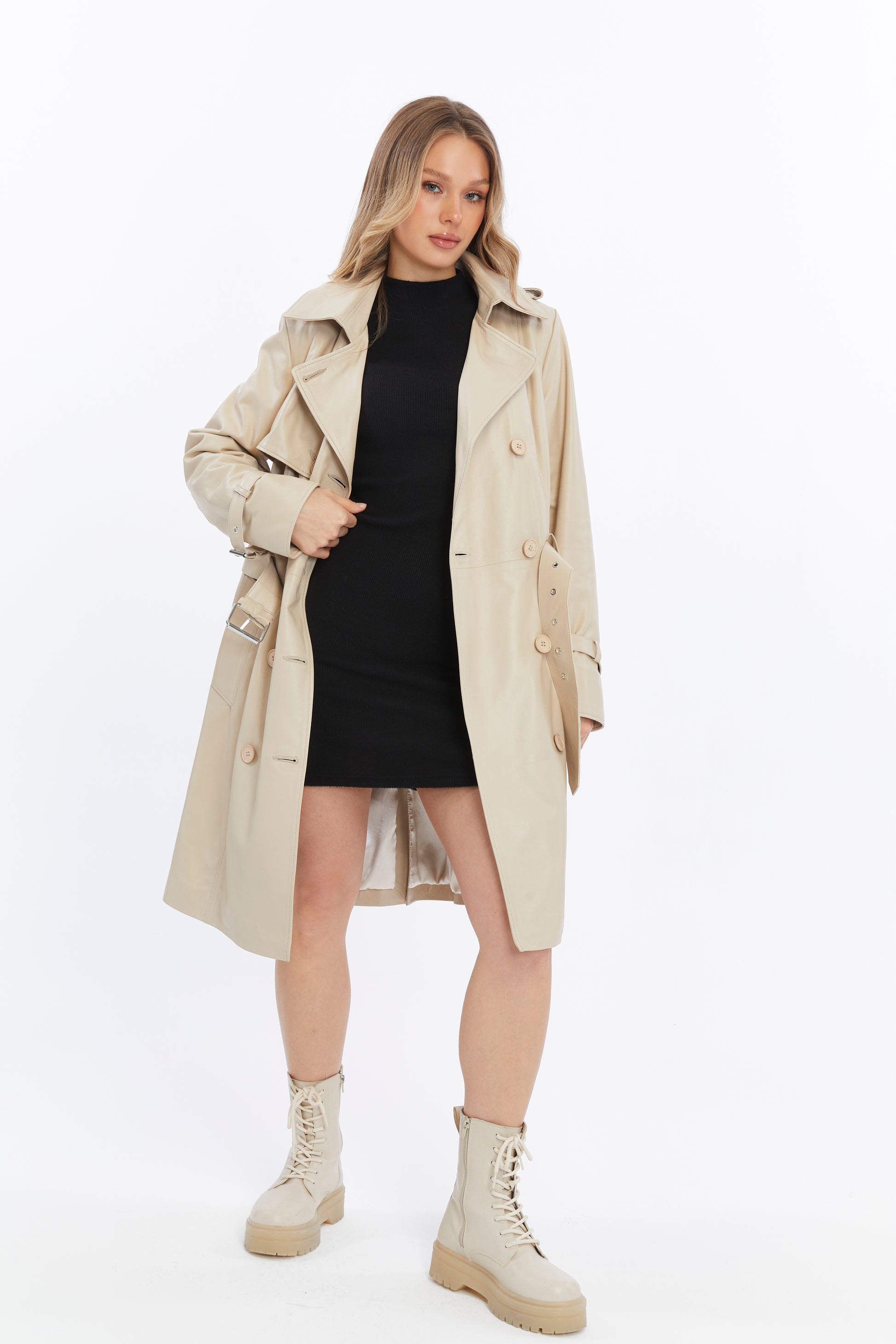 Women's Genuine Leather Trench Coat, Beige