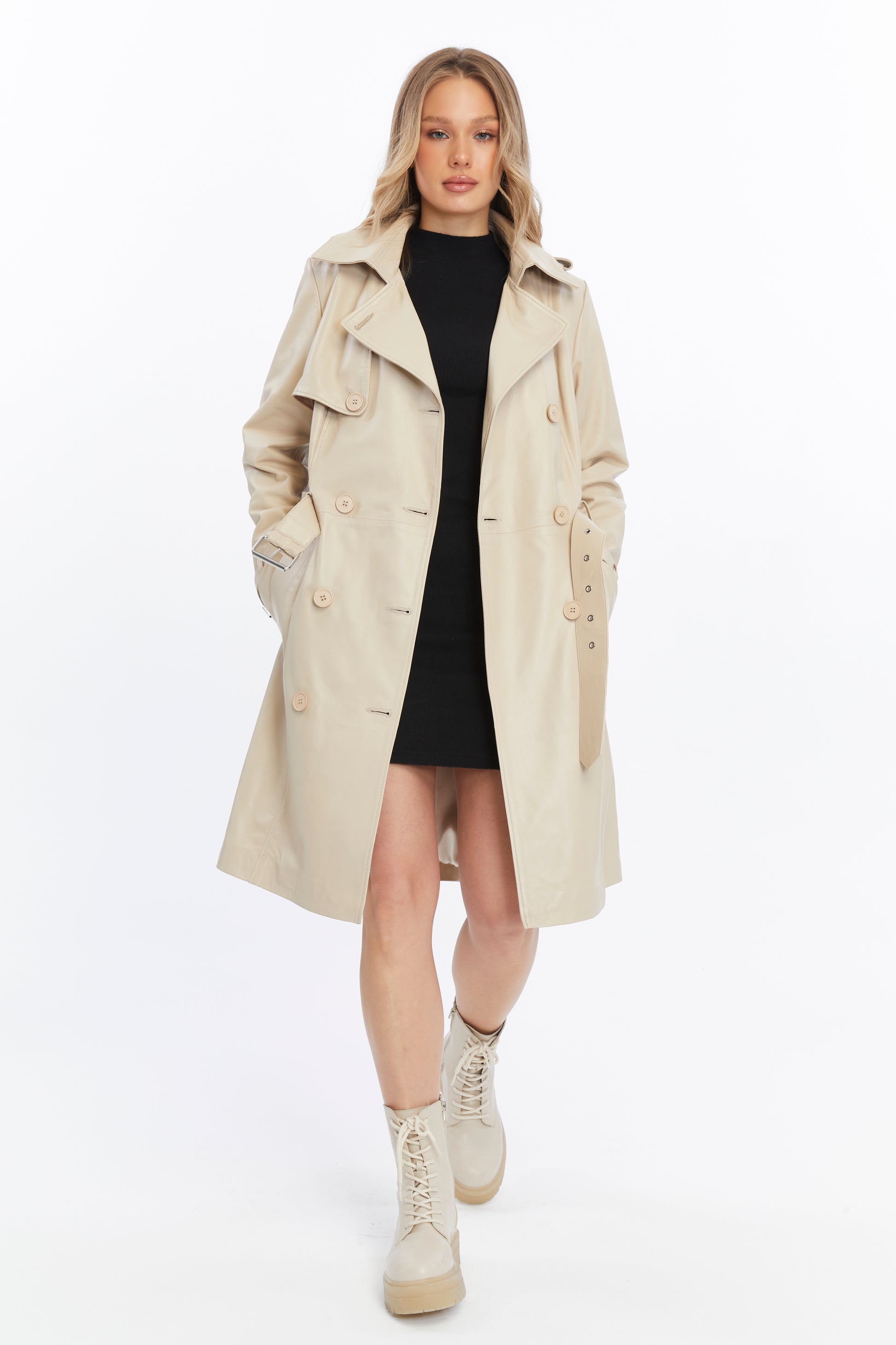 Women's Genuine Leather Trench Coat, Beige