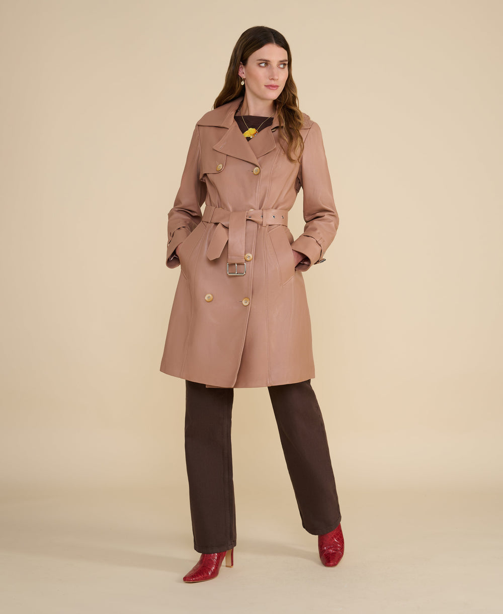Tan leather trench coat on model