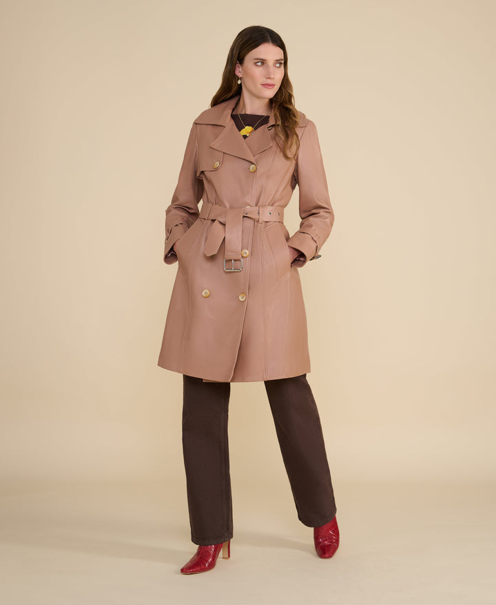 Tan leather trench coat on model