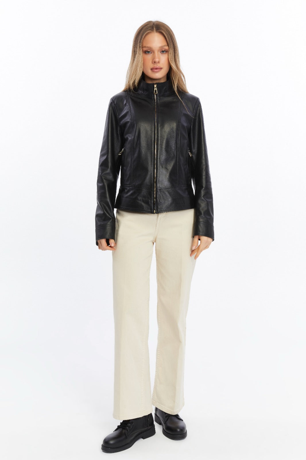 Woman wearing black leather jacket