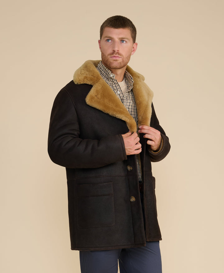 Dark shearling coat with tan collar