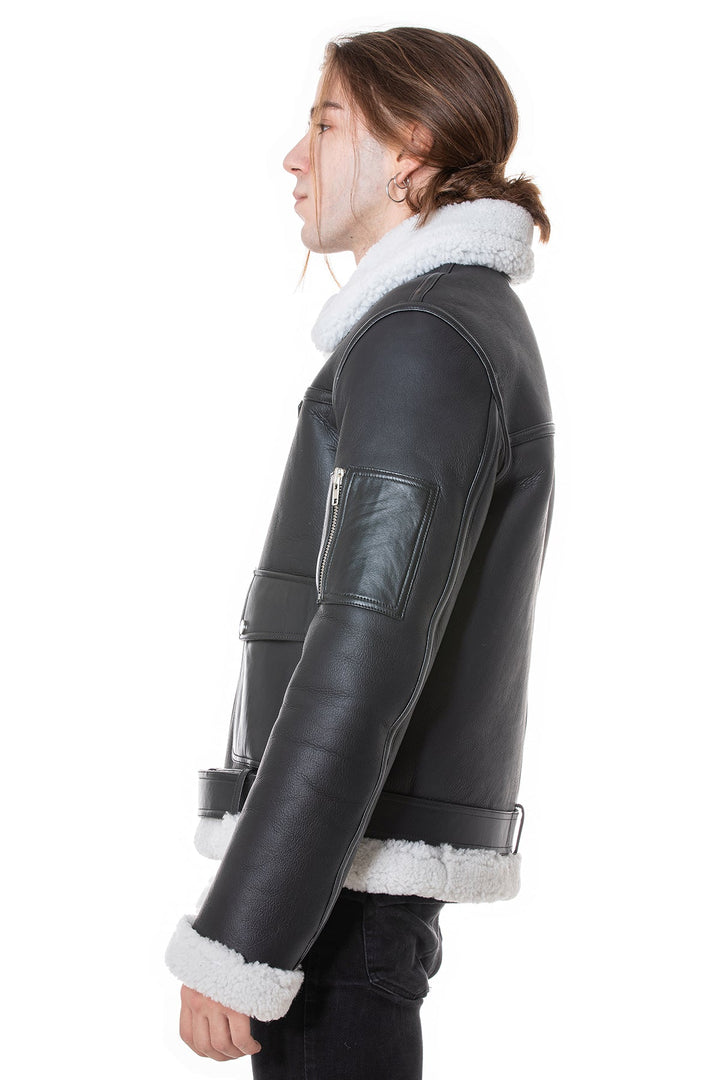 Black shearling pilot jacket on model
