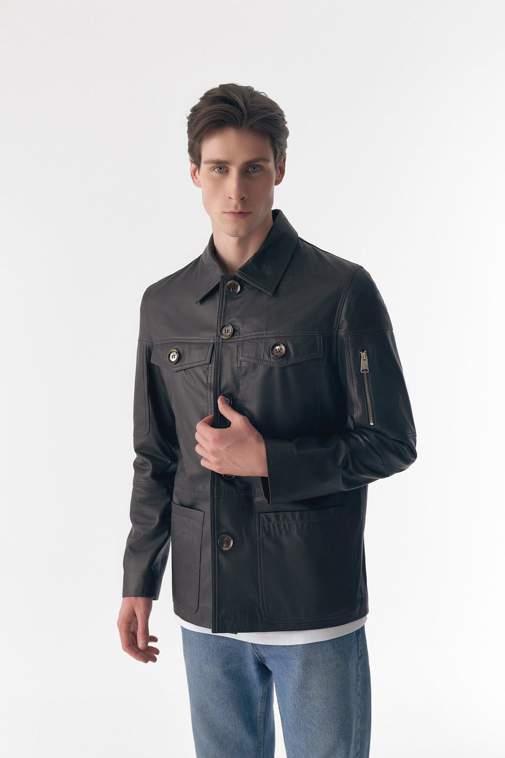 Man wearing black leather jacket